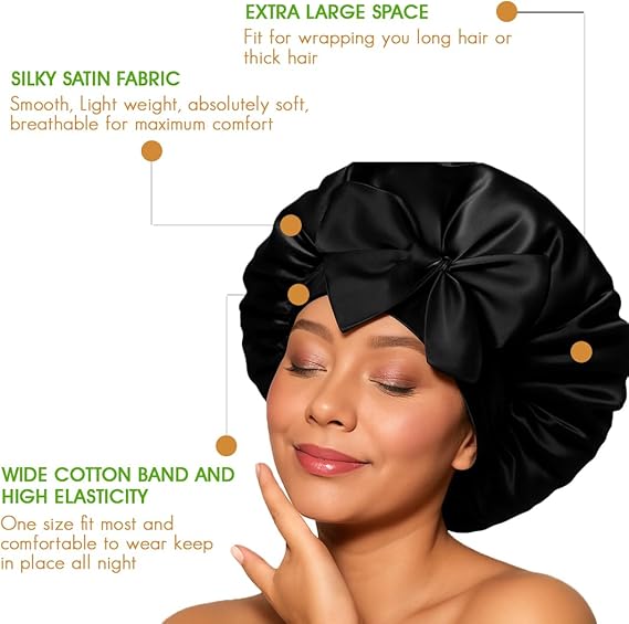 Black Satin Hair Bonnet with Bow | Stylish Silk Night Cap - Omrel