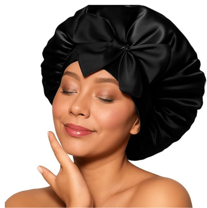 Black Satin Hair Bonnet with Bow | Stylish Silk Night Cap - Omrel