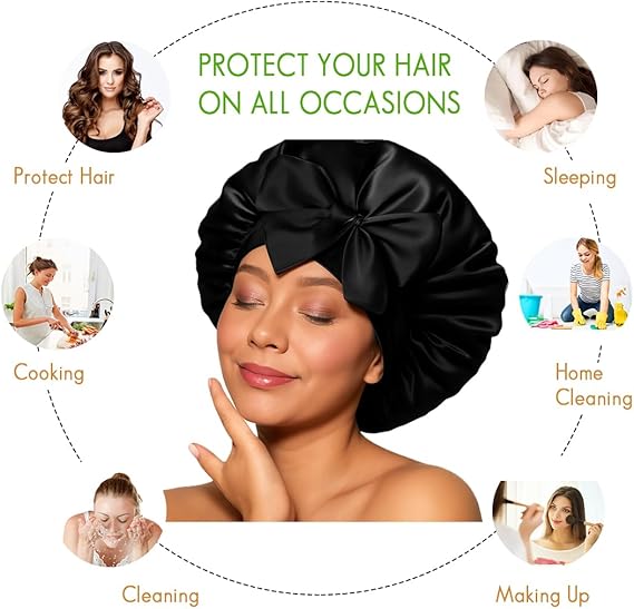 Black Satin Hair Bonnet with Bow | Stylish Silk Night Cap - Omrel
