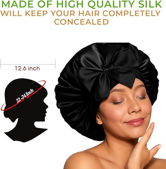 Black Satin Hair Bonnet with Bow | Stylish Silk Night Cap - Omrel