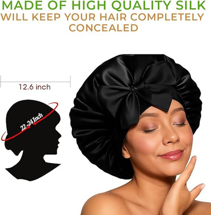 Black Satin Hair Bonnet with Bow | Stylish Silk Night Cap - Omrel