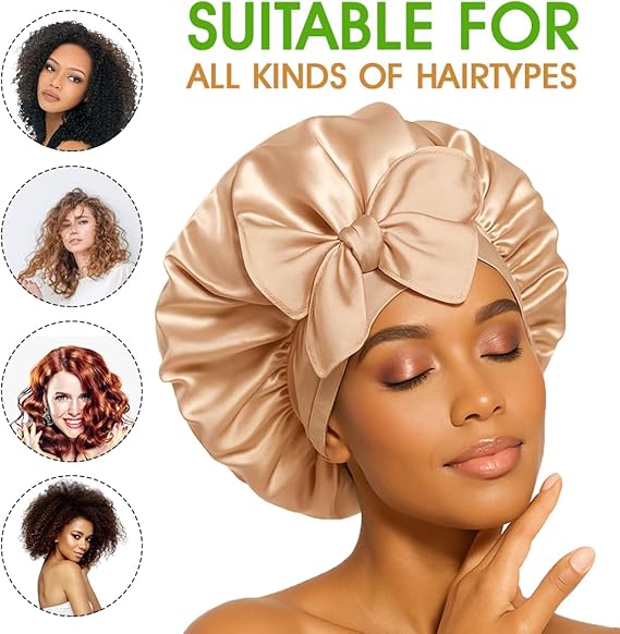 Golden Satin Hair Bonnet with Bow | Stylish Silk Night Cap - Omrel