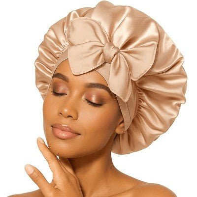 Golden Satin Hair Bonnet with Bow | Stylish Silk Night Cap - Omrel