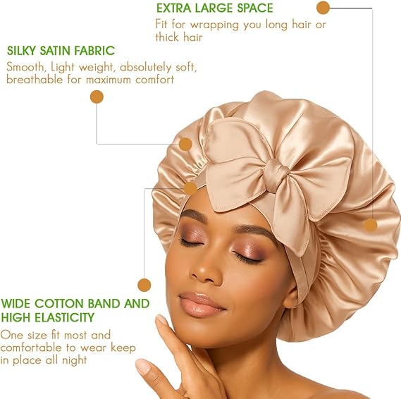 Golden Satin Hair Bonnet with Bow | Stylish Silk Night Cap - Omrel