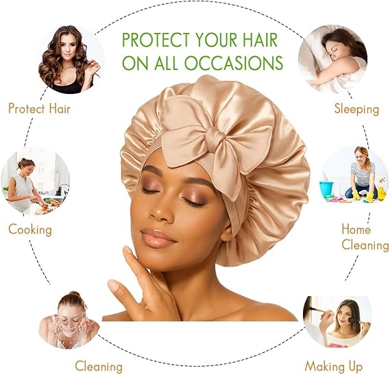 Golden Satin Hair Bonnet with Bow | Stylish Silk Night Cap - Omrel
