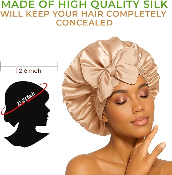 Golden Satin Hair Bonnet with Bow | Stylish Silk Night Cap - Omrel