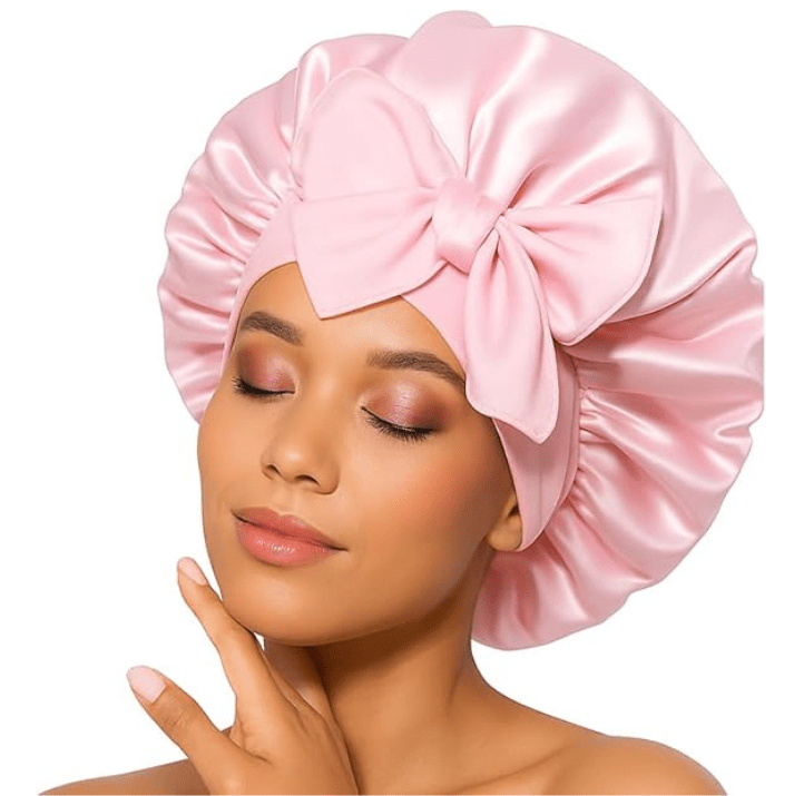 Pink Satin Hair Bonnet with Bow | Stylish Silk Night Cap - Omrel