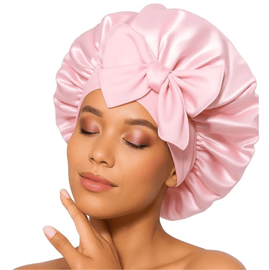 Pink Satin Hair Bonnet with Bow | Stylish Silk Night Cap - Omrel