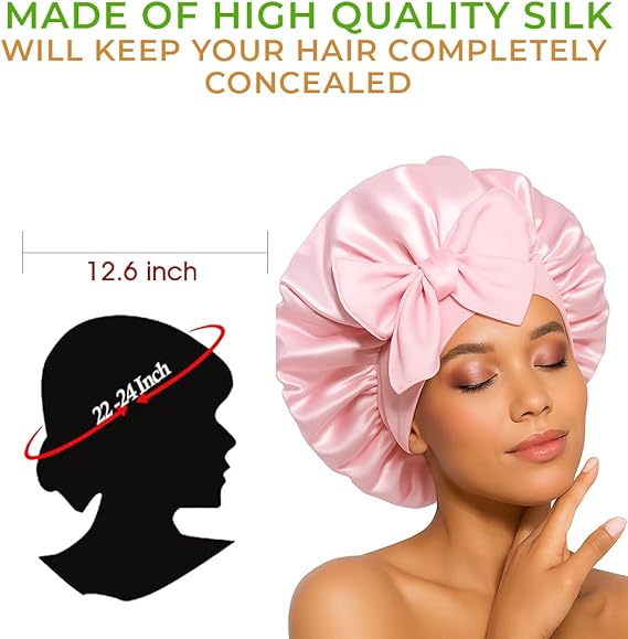 Pink Satin Hair Bonnet with Bow | Stylish Silk Night Cap - Omrel