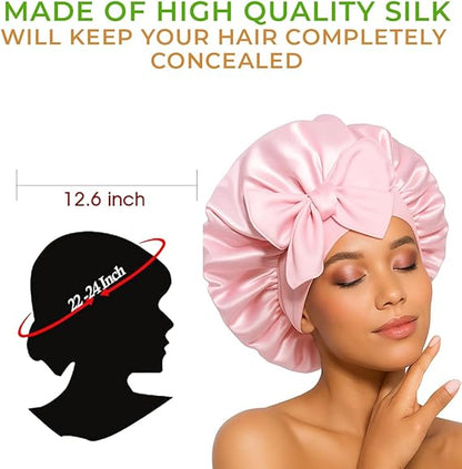 Pink Satin Hair Bonnet with Bow | Stylish Silk Night Cap - Omrel