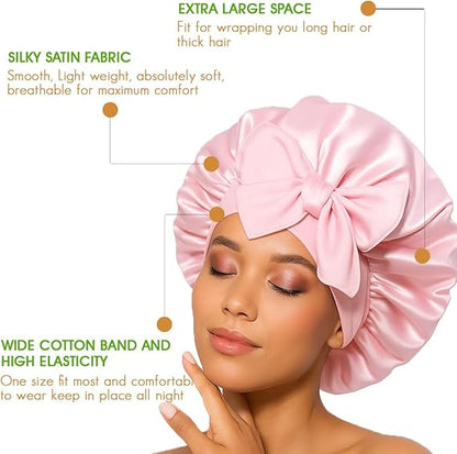 Pink Satin Hair Bonnet with Bow | Stylish Silk Night Cap - Omrel