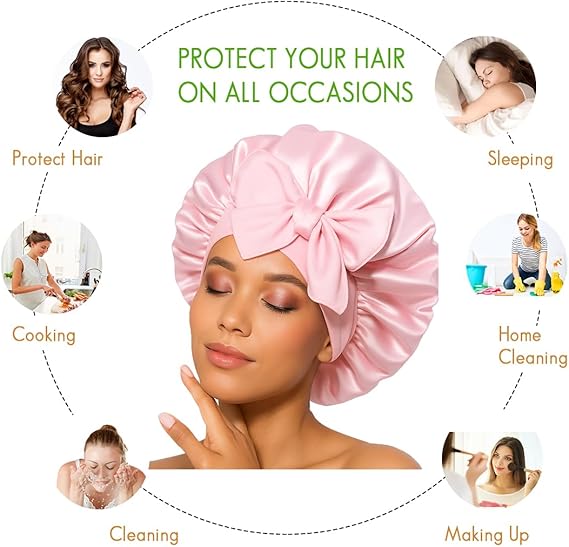 Pink Satin Hair Bonnet with Bow | Stylish Silk Night Cap - Omrel