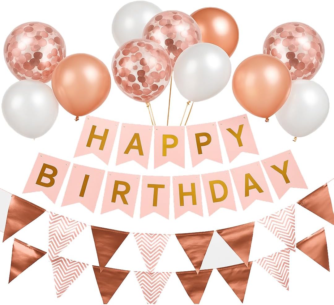 Rose Gold Happy Birthday Banner & Balloon Set | Perfect For Birthday Party Décor - Omrel