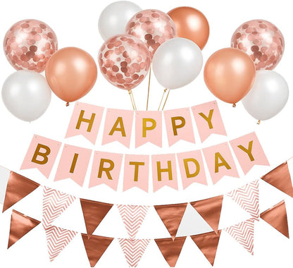 Rose Gold Happy Birthday Banner & Balloon Set | Perfect For Birthday Party Décor - Omrel