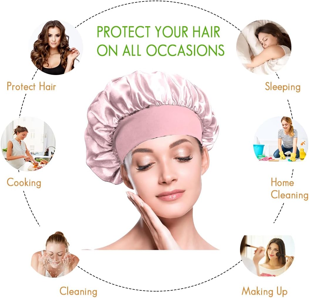 Satin Hair Bonnets - Pack of 3 (Blue, Black & Pink) | Silk Night Caps - Omrel