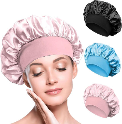 Satin Hair Bonnets - Pack of 3 (Blue, Black & Pink) | Silk Night Caps - Omrel