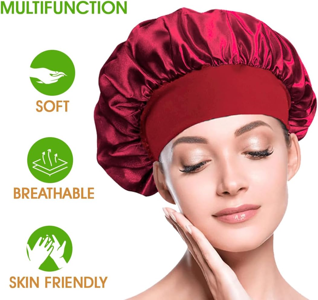 Satin Hair Bonnets - Pack of 3 (Red, Black & Blue) | Silk Night Caps - Omrel
