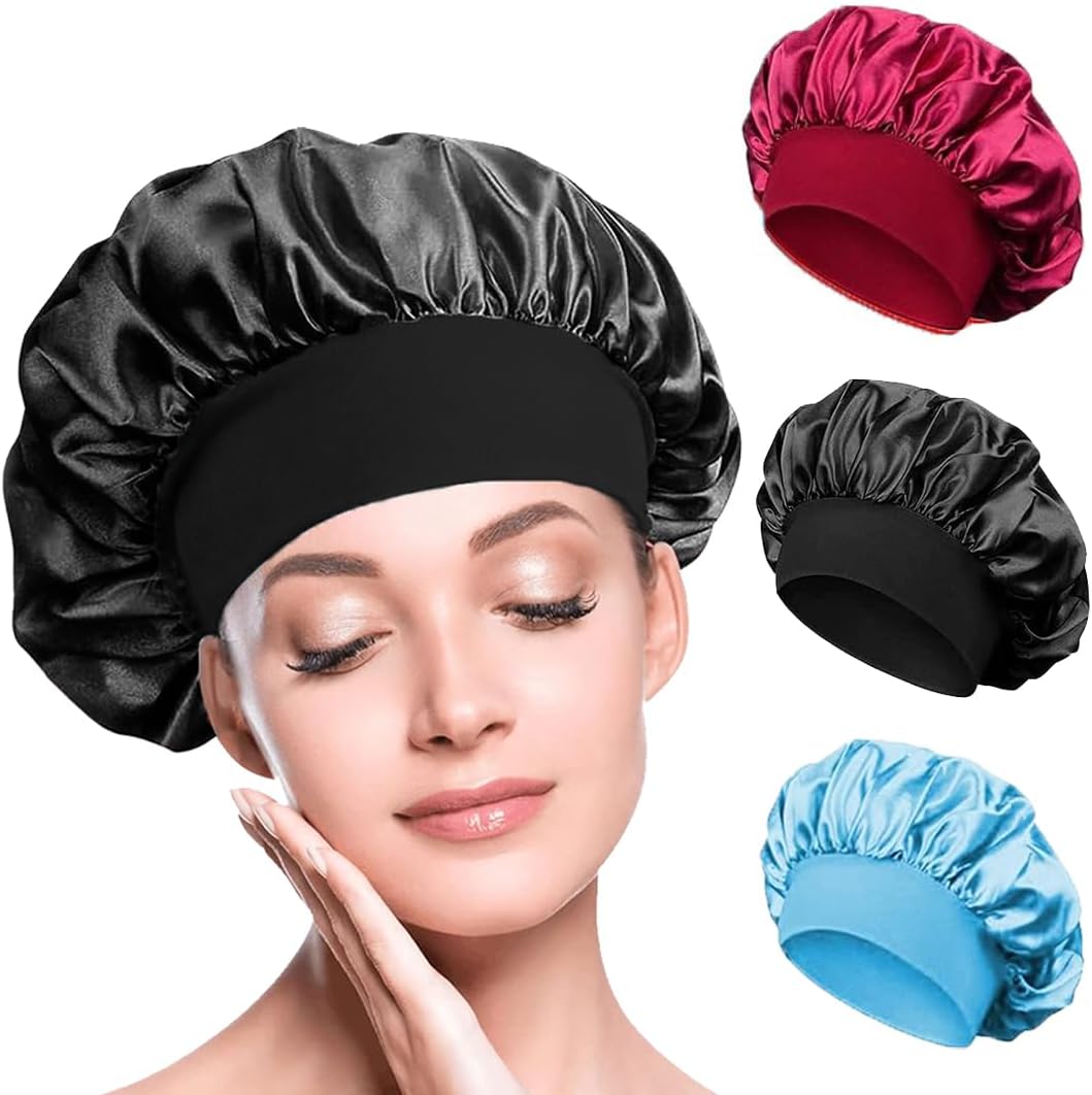 Satin Hair Bonnets - Pack of 3 (Red, Black & Blue) | Silk Night Caps - Omrel