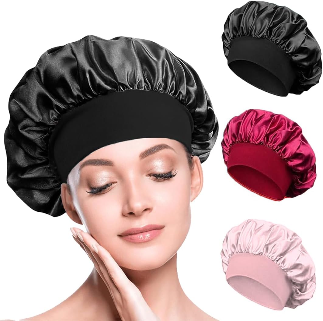 Satin Hair Bonnets - Pack of 3 (Red, Black & Pink) | Silk Night Caps - Omrel