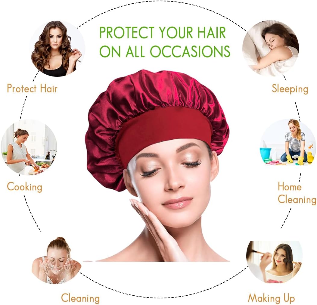 Satin Hair Bonnets - Pack of 3 (Red, Black & Pink) | Silk Night Caps - Omrel