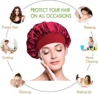 Satin Hair Bonnets - Pack of 3 (Red, Black & Pink) | Silk Night Caps - Omrel