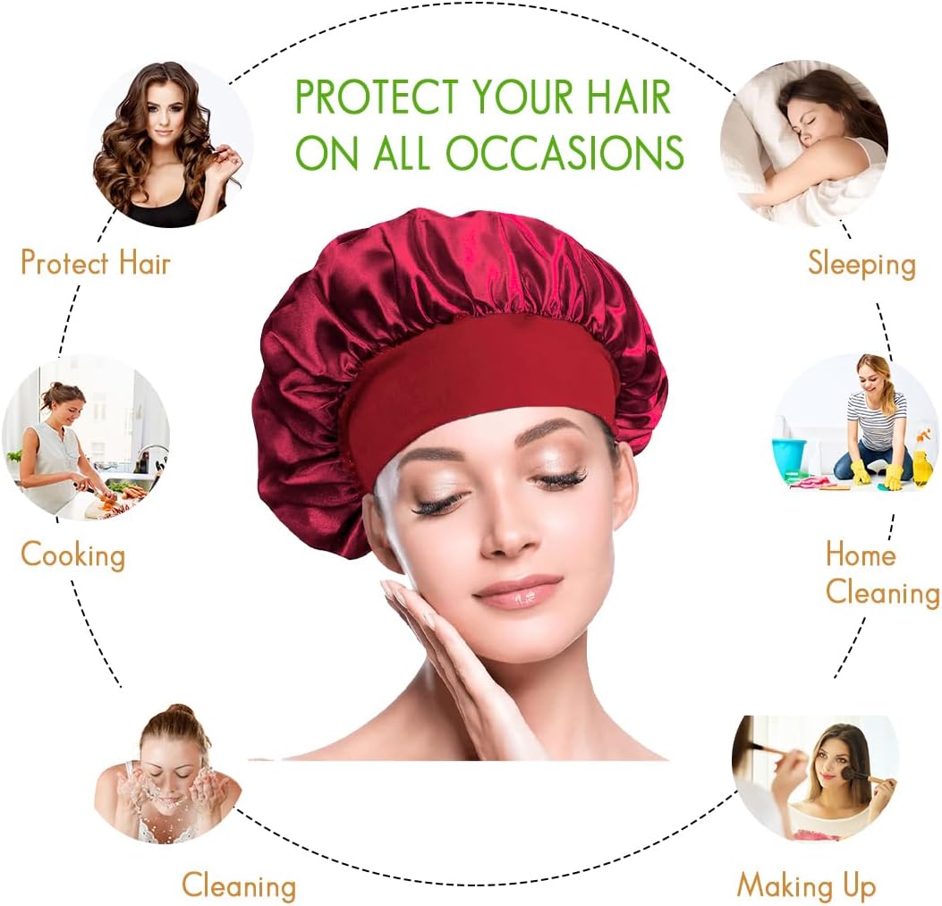 Satin Hair Bonnets - Pack of 3 (Red, Black & Purple) | Silk Night Caps - Omrel