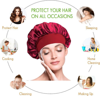 Satin Hair Bonnets - Pack of 3 (Red, Black & Purple) | Silk Night Caps - Omrel