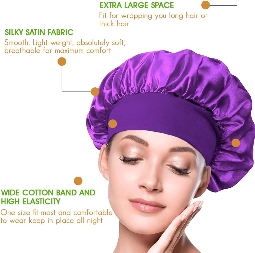 Satin Hair Bonnets - Pack of 3 (Red, Black & Purple) | Silk Night Caps - Omrel