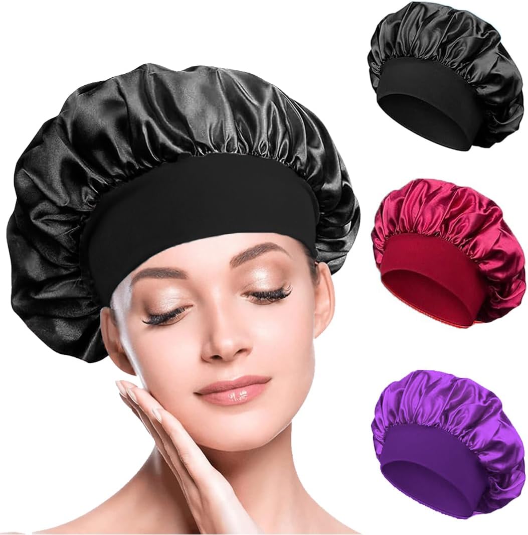 Satin Hair Bonnets - Pack of 3 (Red, Black & Purple) | Silk Night Caps - Omrel