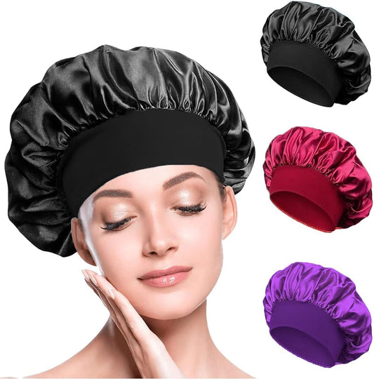Satin Hair Bonnets - Pack of 3 (Red, Black & Purple) | Silk Night Caps - Omrel